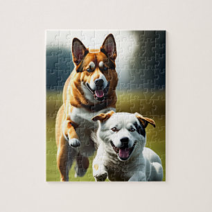 Two cute dogs running in the grass and playing jigsaw puzzle