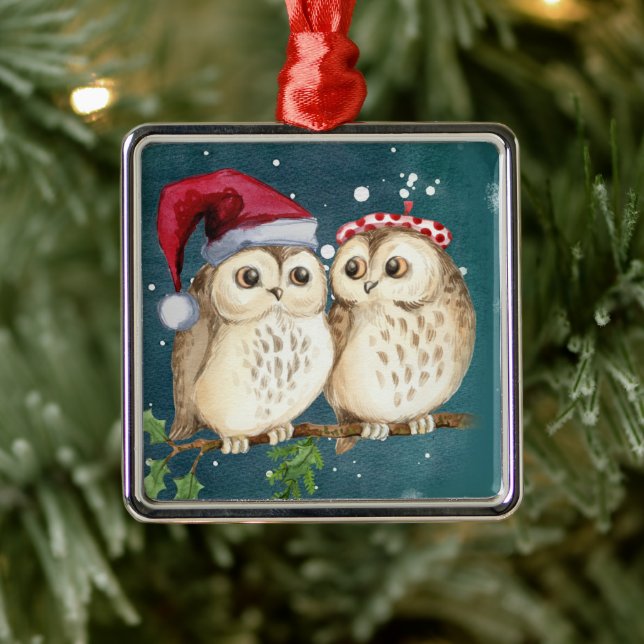 Two cute drawn Owls Metal Ornament (Tree)