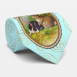 Two Cute Easter Bunnies Gold Flowers Turquoise Tie