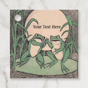 Two Cute Fighting Green Frogs Lily Pad White Moon Favour Tags