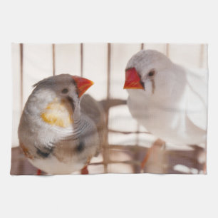 Two Cute Finch Birds in Cage Tea Towel