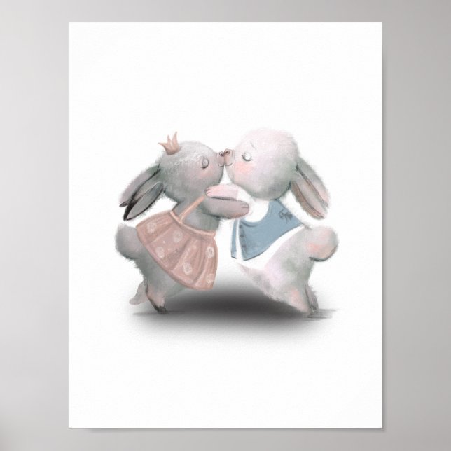 Two Cute Fluffy Blue And Pink Rabbits Poster (Front)
