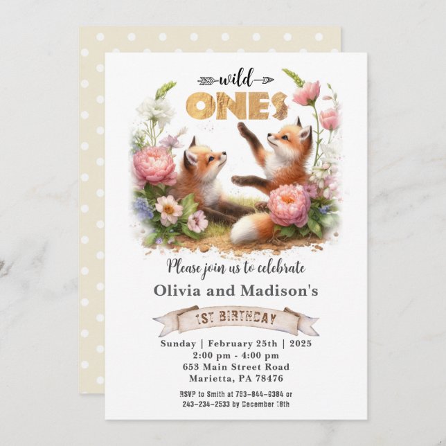 Two Cute Foxes Wild Ones Twins Birthday Invitation (Front/Back)
