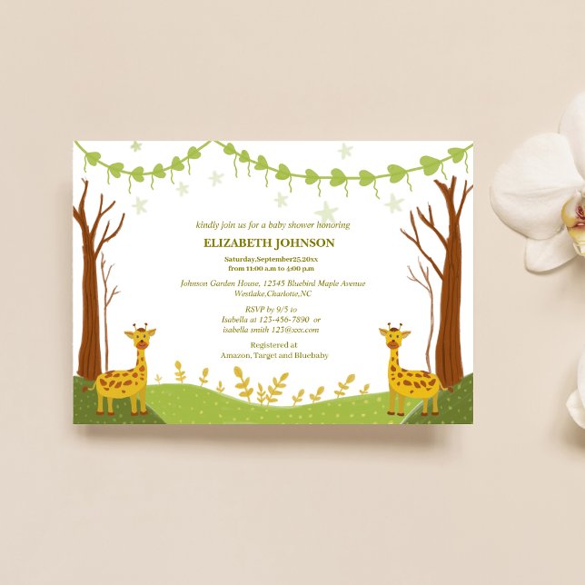 two cute giraffes in green woodland baby shower  invitation (Creator Uploaded)