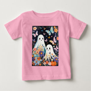 Two Cute Halloween Ghosts With Butterflies Floral Baby T-Shirt