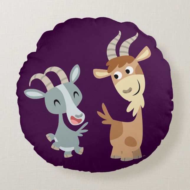 Two Cute Happy Cartoon Goats Round Pillow (Front)