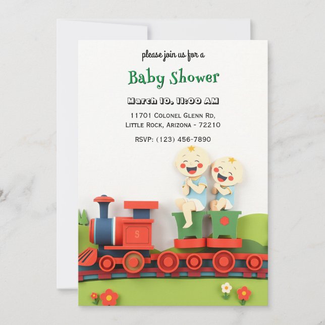 Two Cute Happy Kids on Train Baby Shower Card (Front)