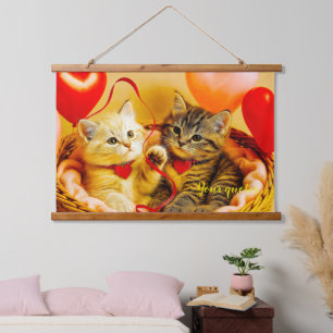 Two Cute Kittens in Basket Valentine Heart Balloon Hanging Tapestry