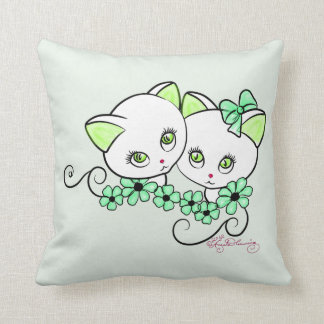 Two cute Kittens with Daisies Green Cushion