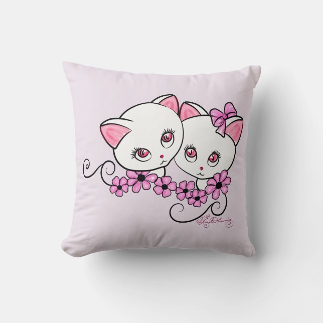 Two cute Kittens with Daisies Pink Cushion (Front)