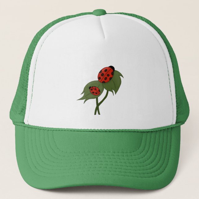 Two cute ladybugs on a plant trucker hat (Front)
