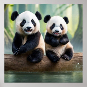 Two cute little Pandas posing for the camera   Poster