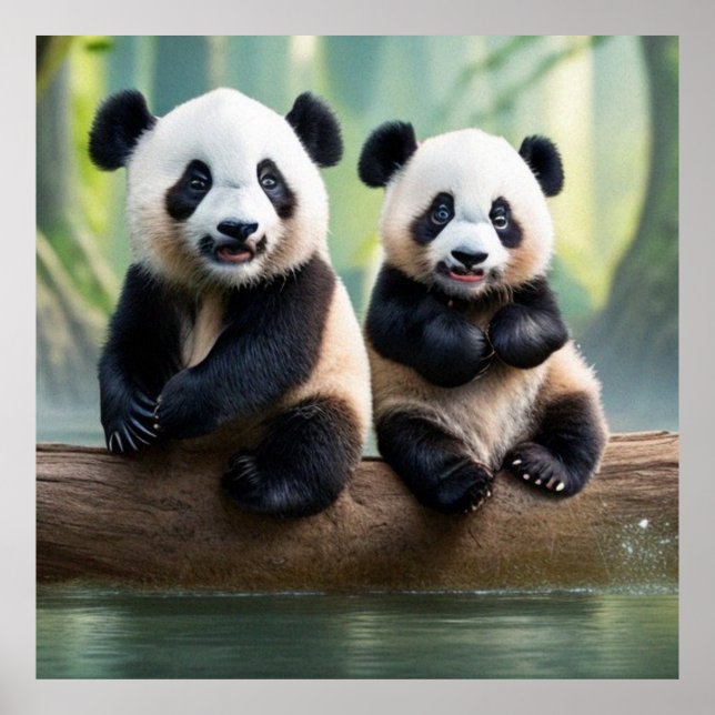 Two cute little Pandas posing for the camera   Poster (Front)