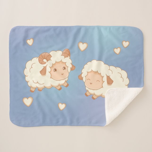 Two Cute Little Sheep on Blue Sherpa Blanket (Front (Horizontal))