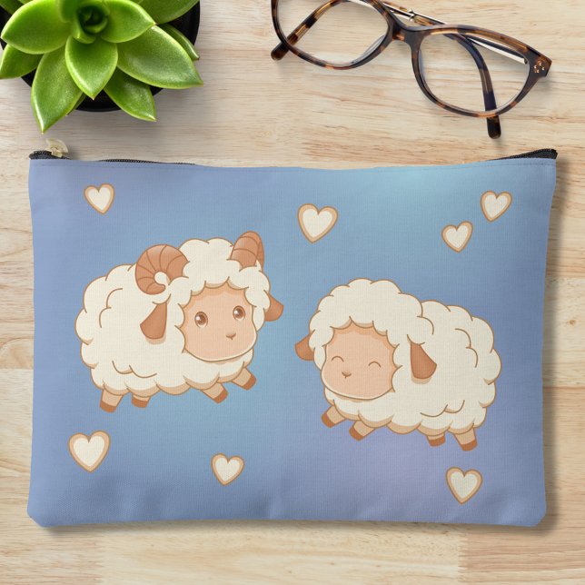 Two Cute Little Sheep Ram Ewe on Blue Accessory Pouch (Creator Uploaded)