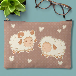 Two Cute Little Sheep Ram Ewe on Brown Accessory Pouch