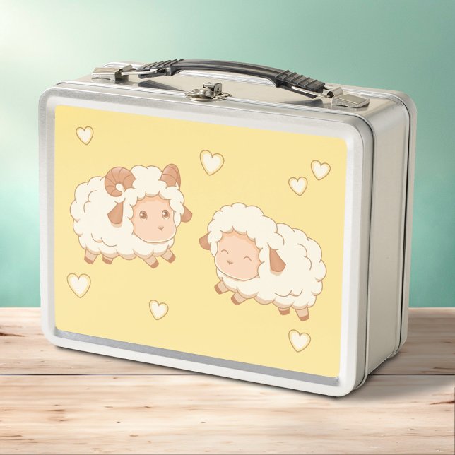 Two Cute Little Sheep Ram Ewe on Yellow Metal Lunch Box (Creator Uploaded)