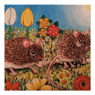 Two cute mice and flowers Glossy Poster