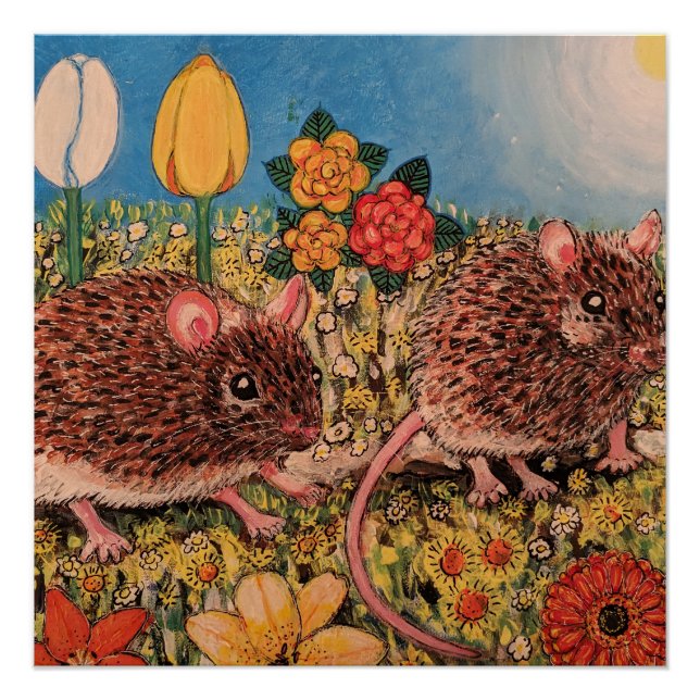 Two cute mice and flowers Glossy Poster (Front)