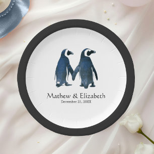 Two Cute Penguins Romantic Wedding Paper Plate