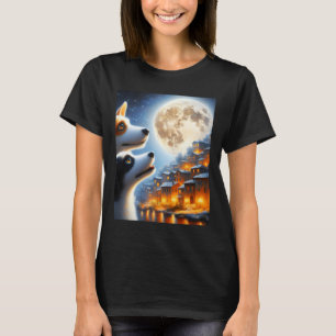 Two Cute Pet Dogs Looking Up For The Full Moon On T-Shirt