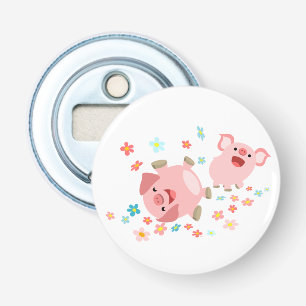 Two Cute Pigs in Spring Button Bottle Opener
