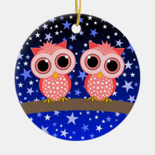 two cute pink owls ceramic ornament