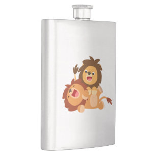 Two Cute Playful Cartoon Lions Classic Flask