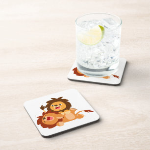 Two Cute Playful Cartoon Lions Coasters Set