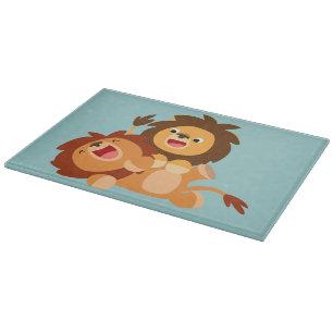 Two Cute Playful Cartoon Lions Cutting Board