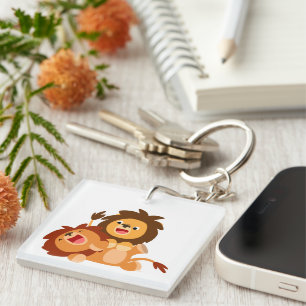 Two Cute Playful Cartoon Lions Key Ring