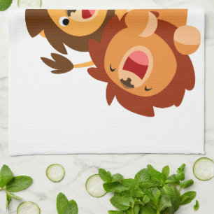 Two Cute Playful Cartoon Lions Kitchen Towel
