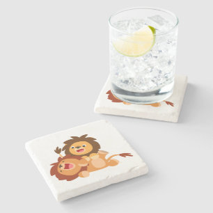 Two Cute Playful Cartoon Lions Stone Coaster