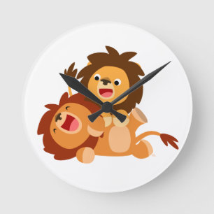 Two Cute Playful Cartoon Lions Wall Clock