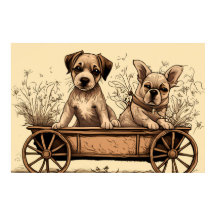 Two Cute Puppies in a Wagon