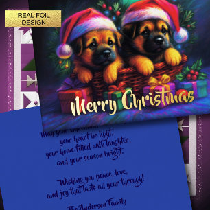 Two Cute Puppies in Santa Hats Foil Holiday Card