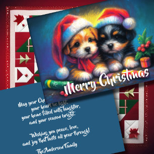Two Cute Puppies in Santa Hats Holiday Card