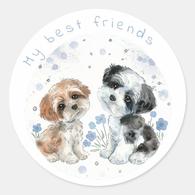 Two cute puppies, personalised classic round sticker (Front)