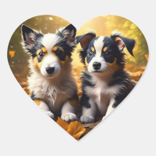 Two Cute Puppies Playing in Fall Leaves Heart Sticker