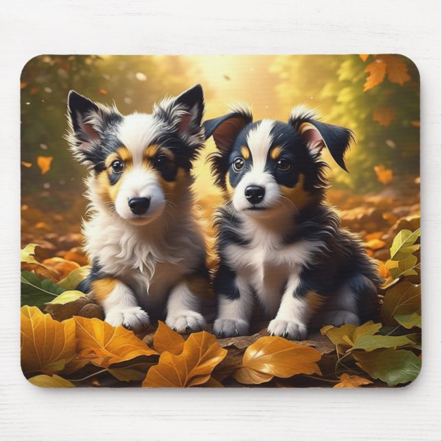 Two Cute Puppies Playing in Fall Leaves Mouse Pad (Front)