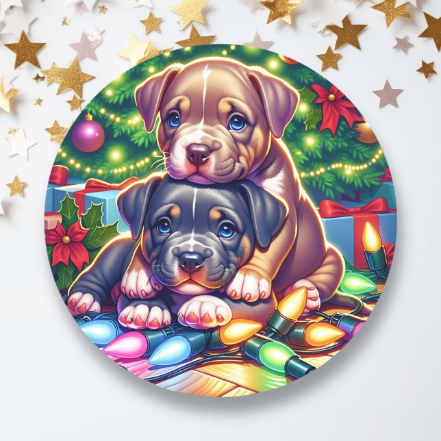 Two Cute Puppies Playing under the Christmas Tree Classic Round Sticker (Creator Uploaded)