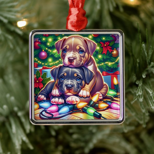 Two Cute Puppies Playing under the Christmas Tree Metal Ornament (Tree)