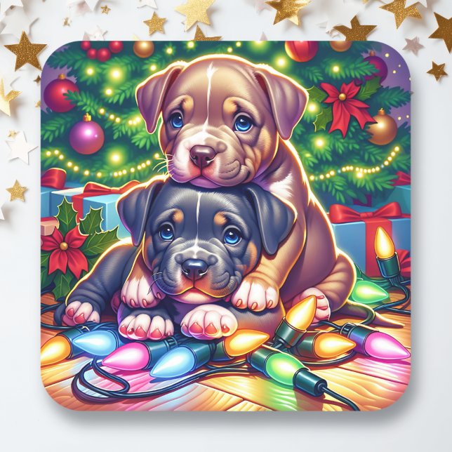 Two Cute Puppies Playing under the Christmas Tree Square Sticker (Creator Uploaded)