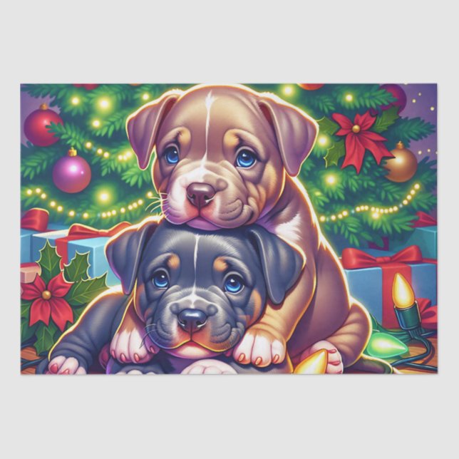 Two Cute Puppies Playing under the Christmas Tree Tissue Paper (Front)