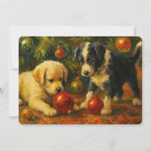 Two Cute Puppies Under Christmas Tree Holiday Card