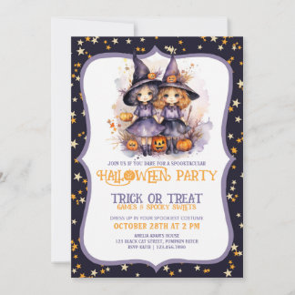 Two Cute Purple Watercolor Witches Invitation
