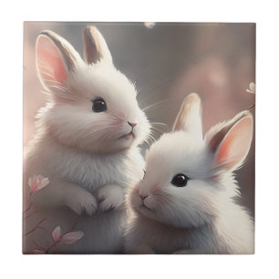 Two cute rabbits with sakura Ceramic Tile