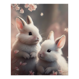 Two cute rabbits with sakura Glossy Poster