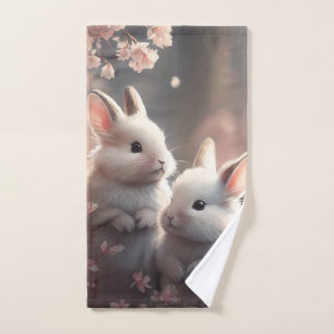 Two cute rabbits with sakura Hand Towel