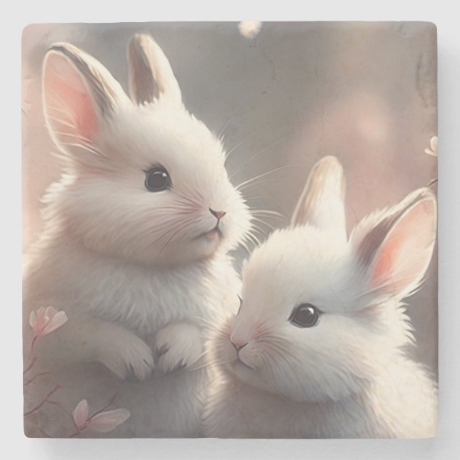 Two cute rabbits with sakura Stone Coaster (Front)